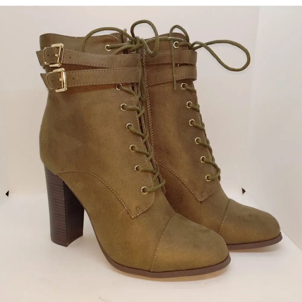 Wild Diva Womens NEW w/Tags & Box Olive Green Suede Heeled Fashion Boots - sz. 9